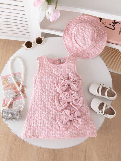 SHEIN 2pcs Baby Girl Elegant Fashion Sweet Cute Pink Sleeveless Dress, Made Of 3D Floral Fabric, Decorated With Matching Pink Bow, Comes With Coordinating Pink Bucket Hat, Suitable For School, Street, Party Wear
