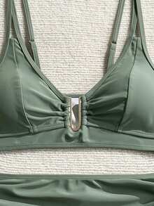 Swim Lushoire Bộ bikini 2 món dành cho nữ, gồm áo bikini khóa kim loại và quần short cạp cao xếp ly hai bên, thích hợp cho kỳ nghỉ hè ở bãi biển. - xanh quân đội - Xem 6