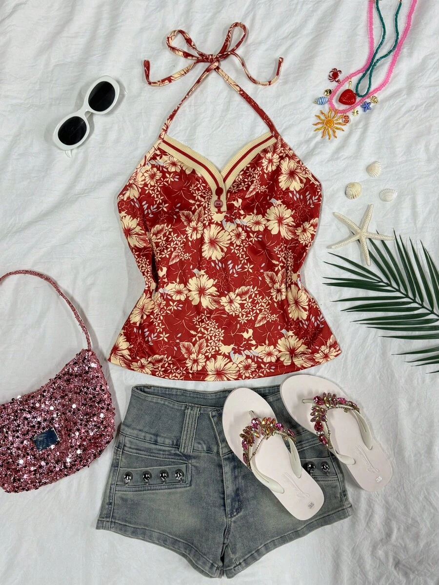 INAWLY Women's Floral Print Halter Backless Casual Vacation Top - Red - View 1