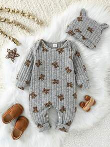 SHEIN 婴儿男女通用罗纹布小熊印花长袖连体衣和3D熊耳朵帽两件套，婴幼儿秋冬季服装，适合休闲、户外、度假等各种场合，男女皆宜的百搭设计 - 淺灰色 - 查看 3