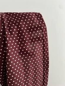 Elamini Brown Polka Dot Print Contrast White Lace V-Neck Waist Cinched Short Sleeve Cropped T-Shirt, Women's Spring/Summer Fashion Commute Vacation Retro Elegant Cute Date Minimalist Everyday Versatile - Brown - View 7