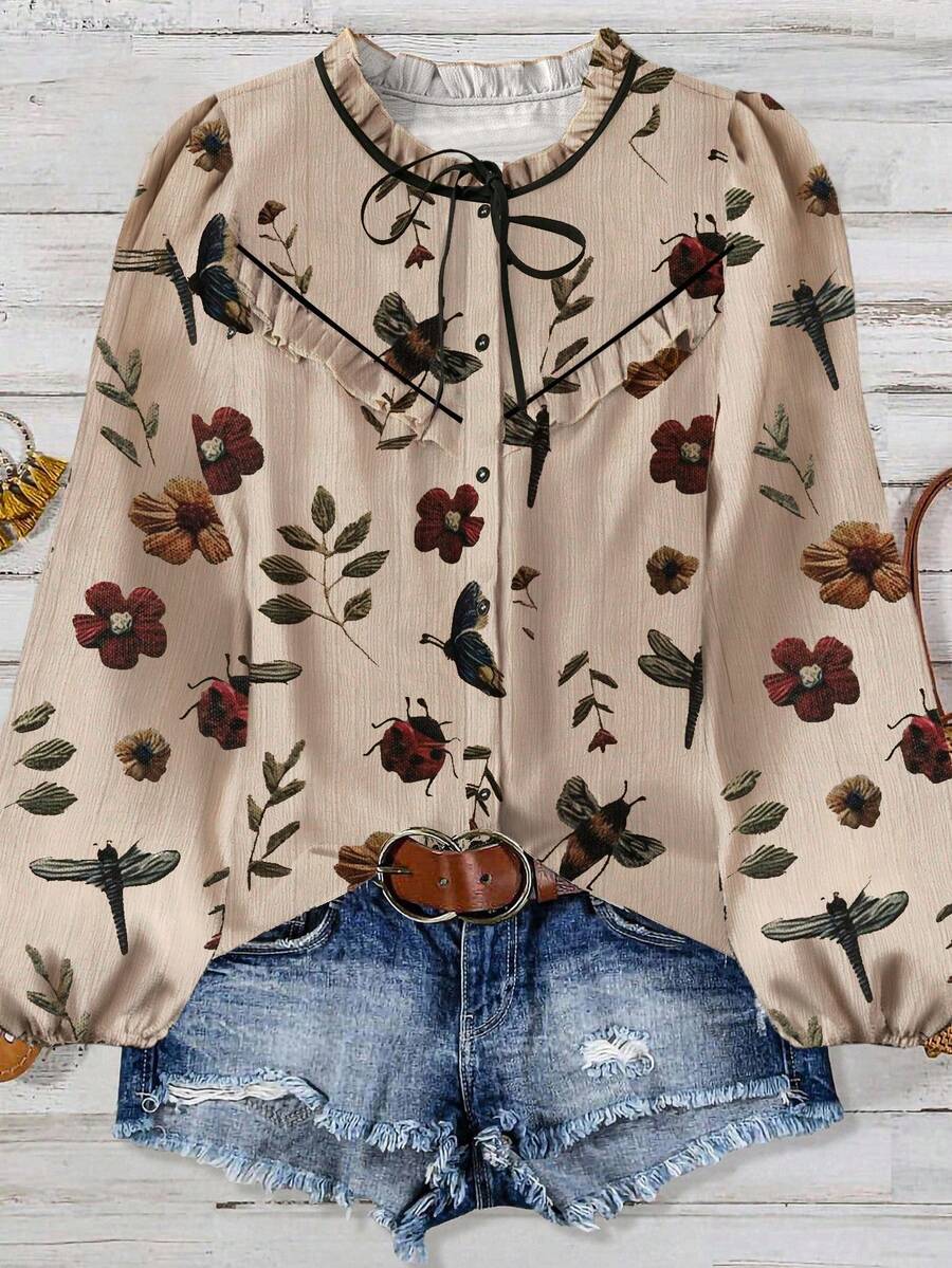 SHEIN LUNE Ladies Weave Casual Autumn Shirts For Vacation - Apricot - View 1