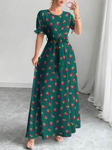 Al Najma 花卉植物数码印花绿色时尚圆领短袖A字连衣裙，女士，春夏款 - 彩色 - 查看 1