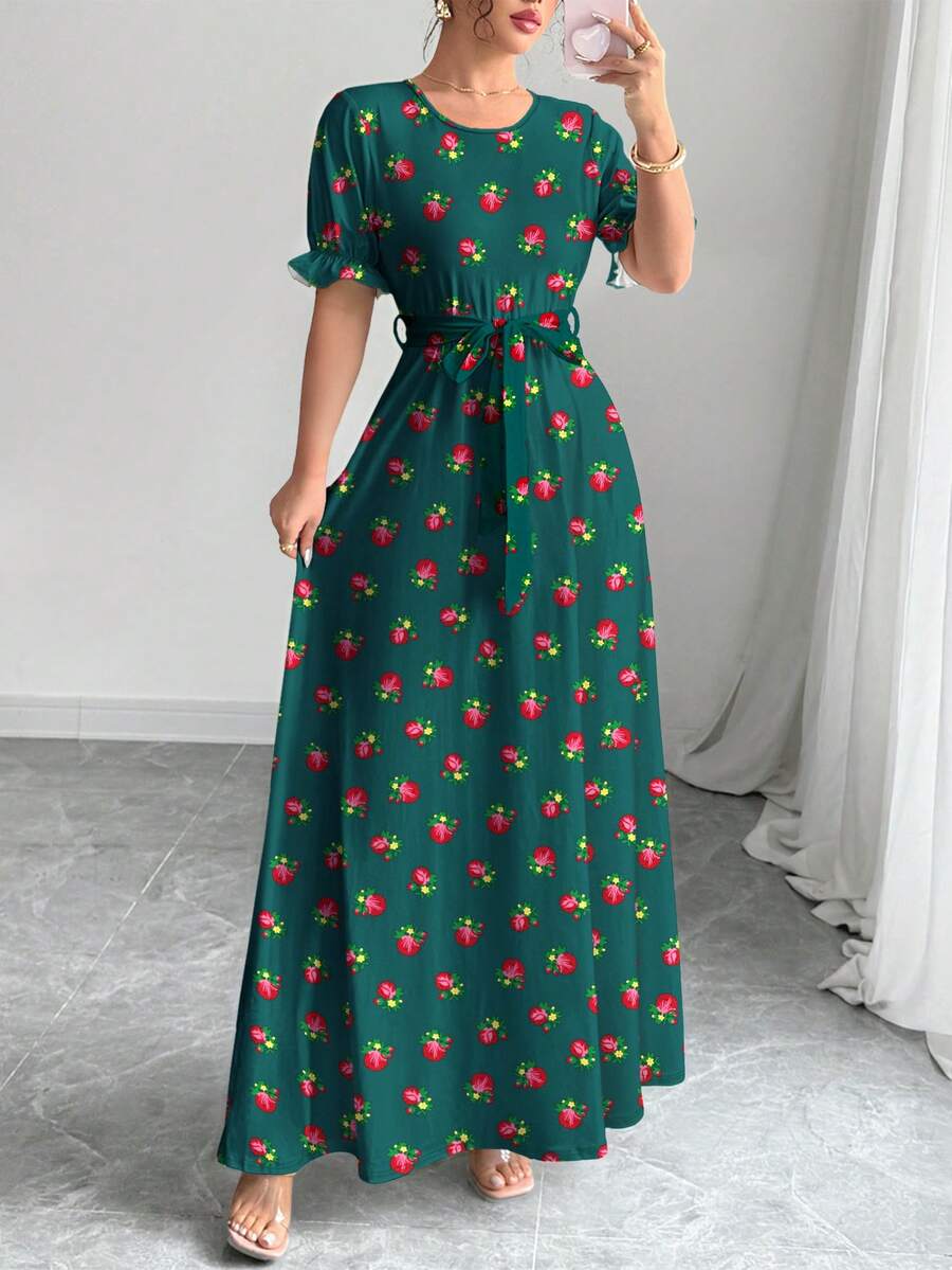 Al Najma 花卉植物数码印花绿色时尚圆领短袖A字连衣裙，女士，春夏款 - 彩色 - 查看 1