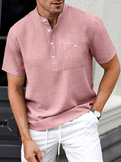 Manfinity CasualCool Dual-Tone Casual Stand Collar Short Sleeve Shirt Half Button Shirt Men Mens Button Shirts Summer Henley Shirt Men Short Sleeve Button