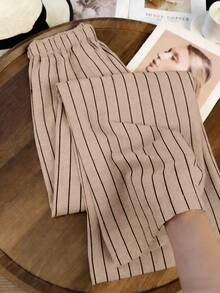 Linhara 大码休闲百搭条纹裤 - 杏色 - 查看 2