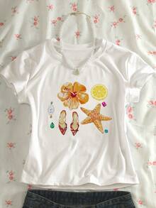 INAWLY Áo thun ngắn ôm dáng nữ, họa tiết hoa và sao biển, thích hợp mặc mùa hè. - trắng - Xem 6