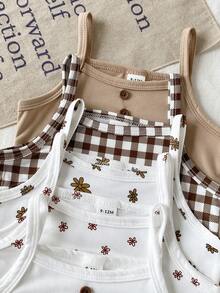 SHEIN Set de 5 piezas de peleles sin mangas de punto con estampado floral y a cuadros para bebés niñas en verano - Multicolor - Ver 6