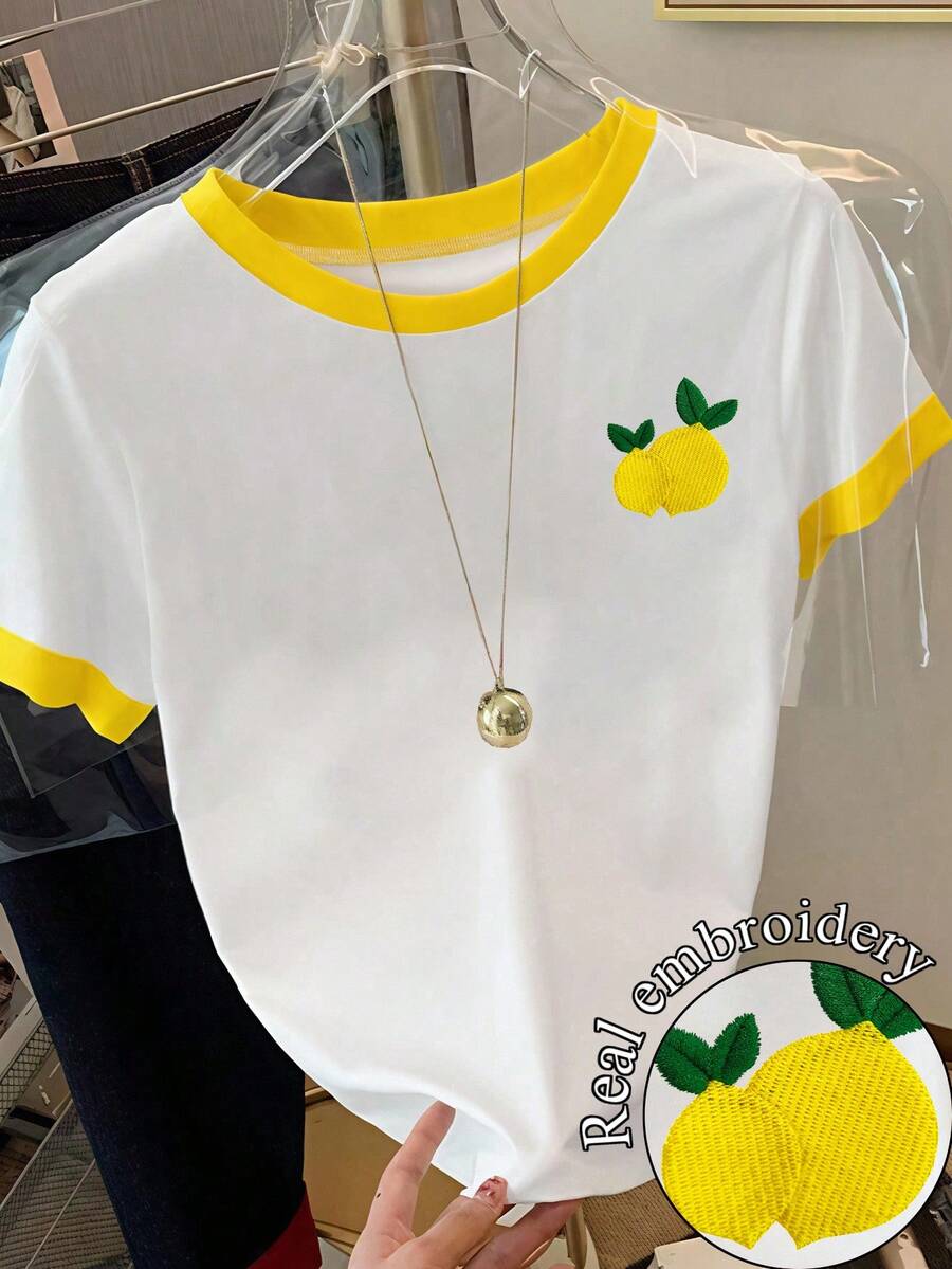 Resyla Women's Round Neck Lemon Embroidery Casual Versatile Commute Short Sleeve T-Shirt - Multicolor - View 1