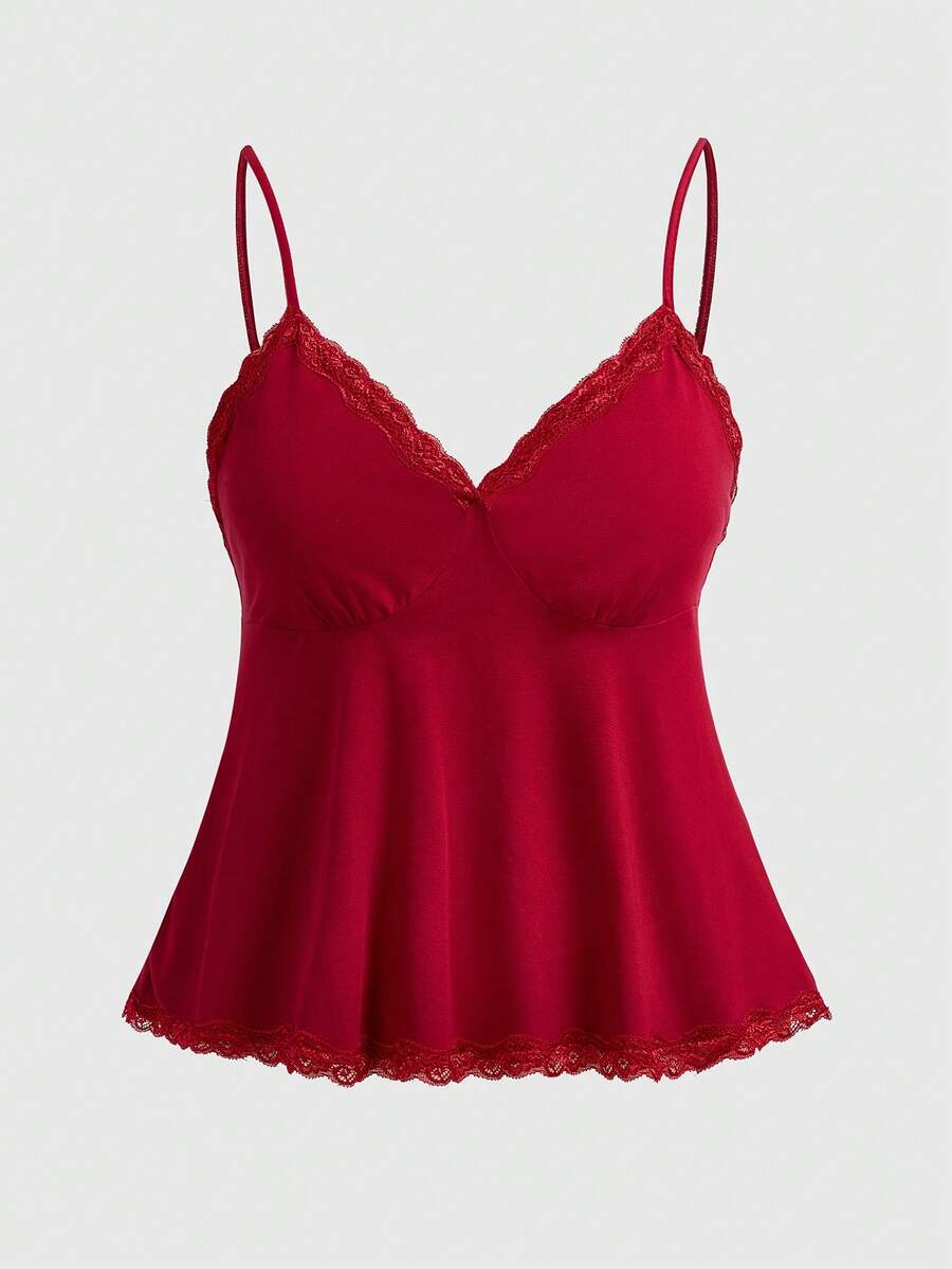 ROMWE Fairycore 大码女式纯色时尚吊带蕾丝背心 - 紅色 - 查看 1