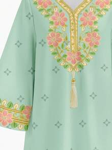 SHEIN 薄荷绿碎花儿童长袍，少女休闲舒适优雅花朵图案仿金丝缎带印花流苏V领宽松长袖连衣裙，适合春夏日常穿着、节日庆典。 - 彩色 - 查看 6