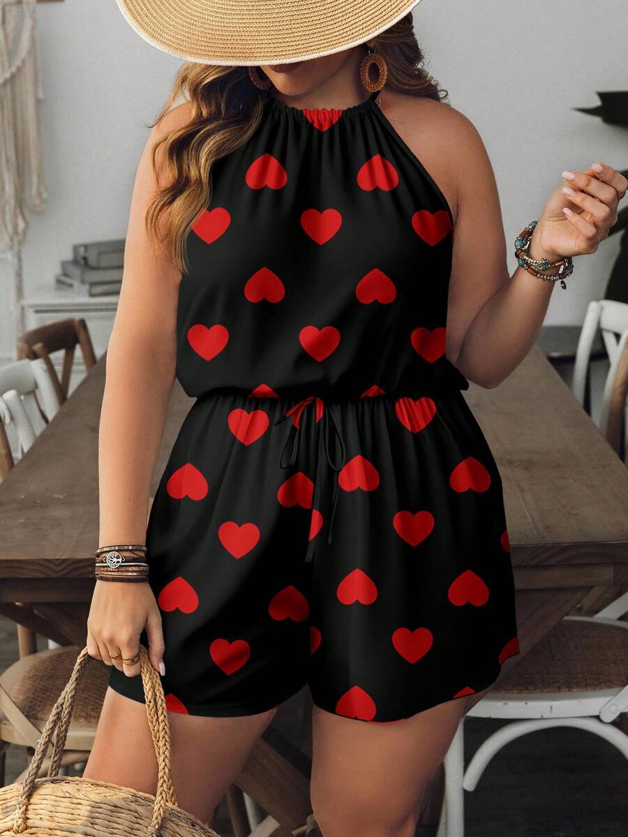 EMERY ROSE Heart Print Plus Size Halter Romper, Suitable For Vacation Valentine's Day - Multicolor - View 1