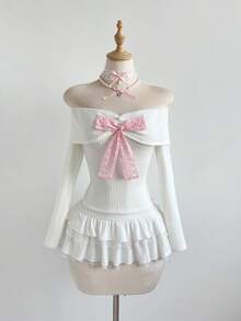 Elamini 白色罗纹针织面料，粉色蕾丝仿珍珠蝴蝶结点缀，露肩修身T恤，甜美、浪漫、优雅、简约、复古、百搭，适合春夏、情人节、通勤穿着。 - 白色 - 查看 3