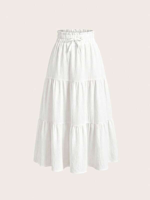 SHEIN Girlism Tween Girl Solid Color Bow Decor Pleated Loose A-Line Skirt Summer Skirt Tiered Skirt Long Skirt