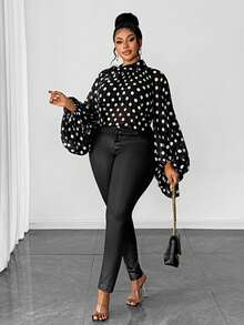 Maweii 大码女式波点立领时尚百搭日常通勤灯笼袖衬衫 - 黑與白 - 查看 3