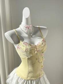 Elamini Yellow Contrast Ruffle Trim V-Neck Cinched Waist Camisole Tank Top For Women, Spring/Summer , Vacation, Elegant Retro Romantic Sweet Casual Versatile - Yellow - View 6