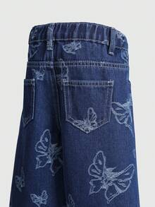 SHEIN 年轻女孩休闲都市浅色水洗全松紧腰心形贴布刺绣阔腿裤，带平口袋，最佳日常时尚穿搭 - 藍色 - 查看 6