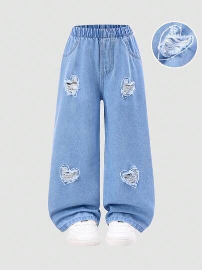 Jeans vintage estilo desgastado para niñas, color denim azul medio, bordado de corazón, pierna recta holgada, tela suave y cómoda, adecuado para la escuela, el transporte y el uso diario, primavera/verano/otoño/invierno