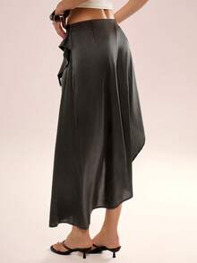 Avenya Waist Folding Contrast Lace Satin Asymmetrical Hem Skirt - Black - View 5