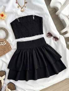 SHEIN Teen Girls Leopard Print Tube Top Cropped Camisole & High Waist Layered Ruffle Hem Skirt 2 Piece Outfit, Casual Holiday Street Wear Summer Outfits