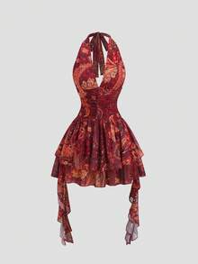 Sweetra 女士红色佩斯利腰果花卉印花网纱不对称下摆深V领露背系带修身性感波西米亚风长裙 - 紅色 - 查看 1