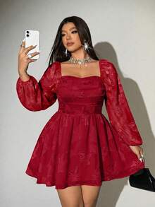 Viva Relle Plus Size Sexy Square Neck Long Sleeve Chic Casual Dress, Christmas Red Party - Red - View 2