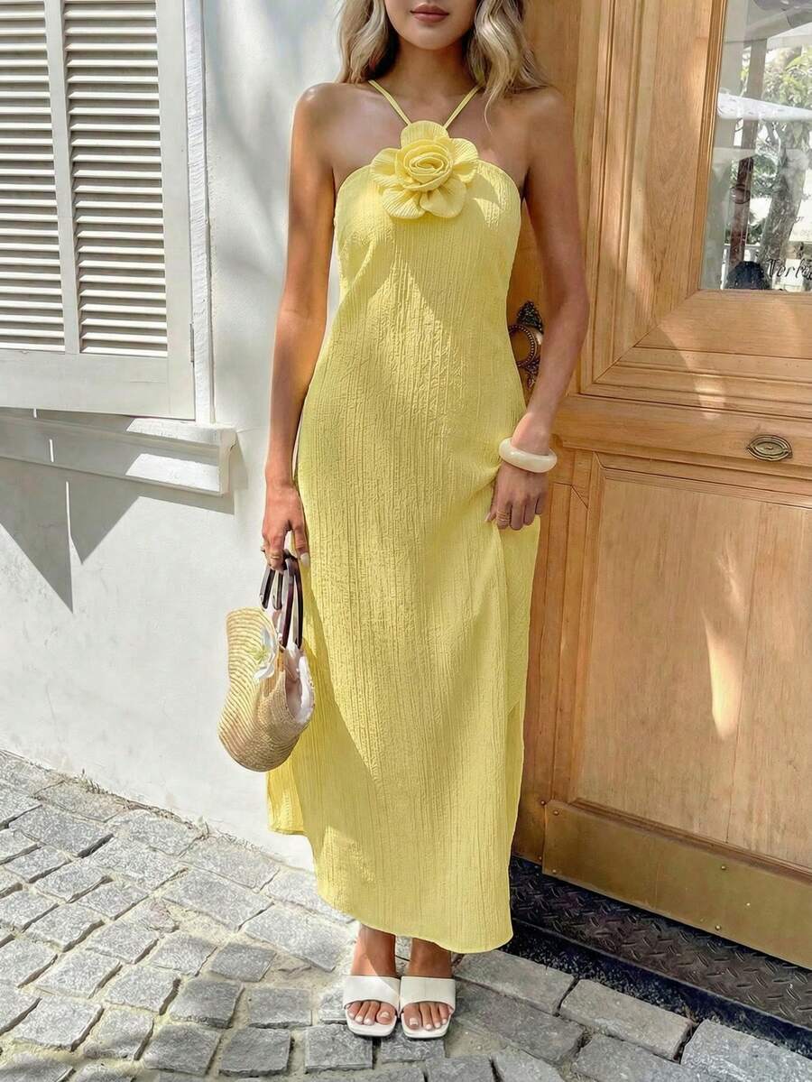 Teenage Vacation Style Long Floral 3D Strap Dress - Yellow - View 1