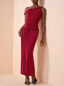 Zivah Elegant Burgundy Summer Long Dress,Shiny Glossy Asymmetric Neckline Dining Outfit For Valentine's Day,Date,Birthday Party,Graduation & Wedding Guest - Burgundy - View 4