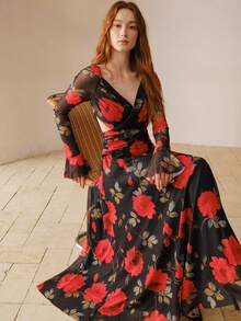 MOTF PREMIUM SPRING/SUMMER FASHION V-NECK PLEATED RUFFLE HEM PUFF SLEEVE WAIST CINCHED PRINTED DRESS FOR WOMEN - Black - View 1