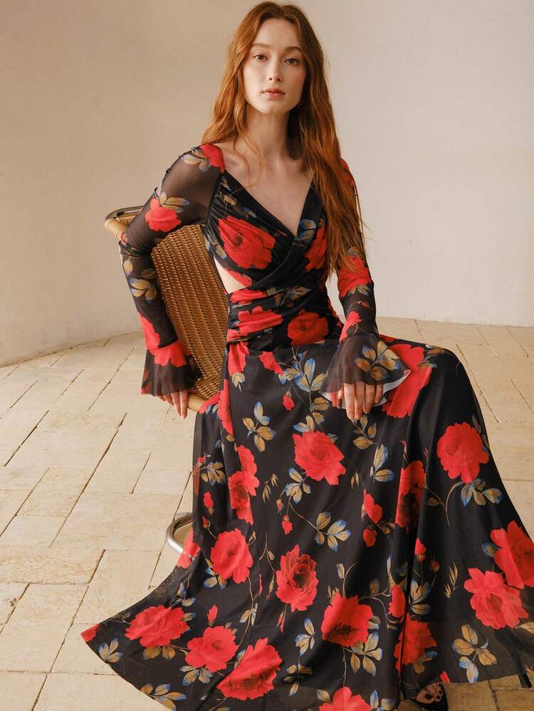 SPRING/SUMMER FASHION V-NECK PLEATED RUFFLE HEM PUFF SLEEVE WAIST CINCHED PRINTED DRESS FOR WOMEN