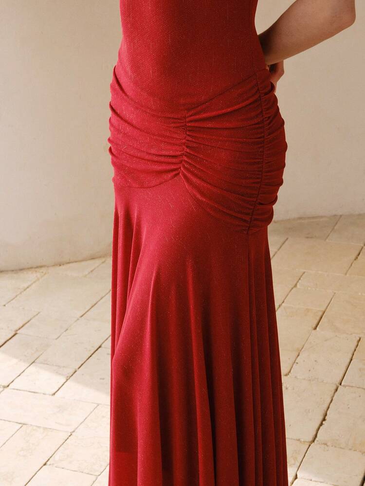 WOMEN'S ELEGANT SIMPLE SOLID COLOR ASYMMETRICAL NECK RUCHED WAIST FISHTAIL HEM DRESS, SUMMER