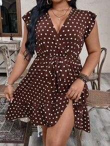 Breezaya Đầm hè thanh lịch với họa tiết chấm bi khổ lớn, đầm chấm bi màu cà phê, đầm chấm bi màu nâu, đầm hè màu nâu. - màu nâu - Xem 4