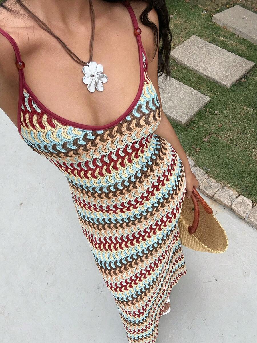 Sunnyshic 女士酒红色修身连衣裙，波西米亚风格，时尚百搭，适合海滩度假，春夏皆宜 - 彩色 - 查看 1