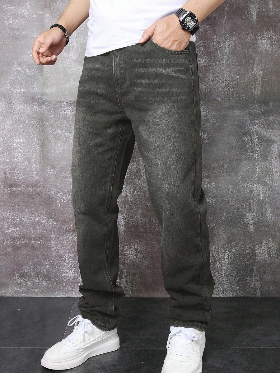 Manfinity Homme Quần jeans nam dáng suông, rách nhẹ, kiểu dáng thường ngày. - Xám - Xem 1