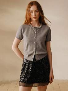 MOTF PREMIUM WOMEN'S RHINESTONE EMBELLISHED FRONT BUTTON SHORT SLEEVE KNIT TOP - Grey - View 4