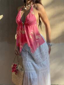 Sunnyshic Áo tank top cổ yếm in họa tiết tie-dye giản dị, thích hợp cho mùa hè. - Hồng - Xem 6