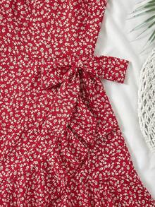 SHEIN 少女波点爱心碎花休闲荷叶边无袖A字度假连衣裙，夏季服装，沙滩装，假日装，太阳裙，波西米亚风，海滩度假装扮 - 紅白色 - 查看 4