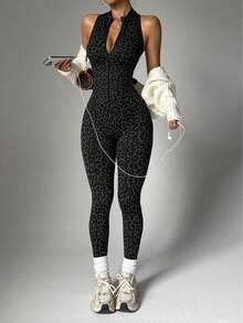 Dewbera 1pc Women's Seamless Sexy Front Zipper Stand Collar Racerback Sleeveless Deep V-Back Yoga Gymnastics Dance Exercise Jumpsuit Activewear Jumpsuit Leopard Print Gym Jumpsuit Seamless Workout Jumpsuit Backless Yoga Jumpsuit - Multicolor - View 2