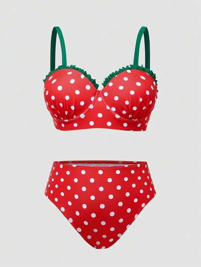 Sweetra 2026 Summer Beach Vacation Cute Strawberry Polka Dot Underwire Supportive Plus Size Swimsuit Set