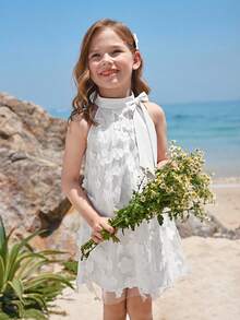 SHEIN Robe décontractée ample avec col mao, maille et découpes pour jeune fille - Blanc - Voir 4