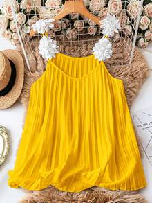 Linhara Áo hai dây nữ cỡ lớn màu trắng trơn xếp ly họa tiết hoa, thanh lịch, thích hợp mặc hàng ngày. - Màu vàng - Xem 5