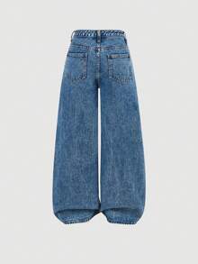 SHEIN 少女Y2K低腰朋克宽松做旧星形拼接撞色阔腿男友风新款嘻哈街头复古字母黑色哥特休闲裤滑板裤宽松棉质阔腿牛仔裤，适合学校、街头、春夏假期、波西米亚风锐舞音乐会音乐节等场合。 - 中等水洗藍 - 查看 2