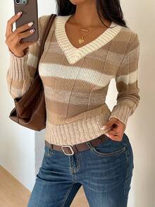 SHEIN Unity Áo len chui đầu cổ chữ V kẻ sọc kaki ôm vừa vặn cho nữ, thời trang khi đi làm, mùa thu/đông - Nhiều màu - Xem 4