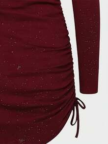 Sparklyn 女童黑色亮片派对连衣裙，修身长袖针织连衣裙，饰有荷叶边蝴蝶结，适合鸡尾酒会、节日旅行等场合。 - 酒紅色 - 查看 3