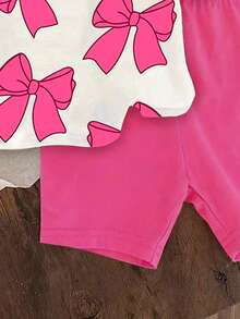 SHEIN 一套女婴休闲时尚可爱甜美情人节蝴蝶结印花圆领短袖T恤和针织修身短裤套装，适合夏季外出穿着 - 彩色 - 查看 5