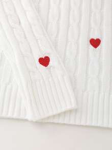 SHEIN Franclia Heart Pattern Cable Knit Casual Crew Neck Long Sleeve Pullover Sweater - White - View 4