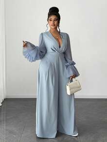 Maweii Mono de pierna ancha con mangas abullonadas elegante de talla grande - Azul - Ver 5
