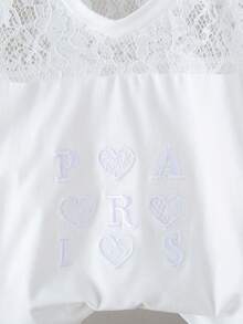 SHEIN Explorewe Maglietta estiva casual da ragazza con patch in pizzo, cuori ricamati e lettere - Bianco - Visualizzare 7