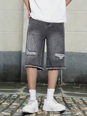 Teen Boy Distressed Washed Denim Shorts, Streetwear Style