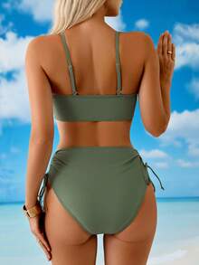 Swim Lushoire Bộ bikini 2 món dành cho nữ, gồm áo bikini khóa kim loại và quần short cạp cao xếp ly hai bên, thích hợp cho kỳ nghỉ hè ở bãi biển. - xanh quân đội - Xem 2